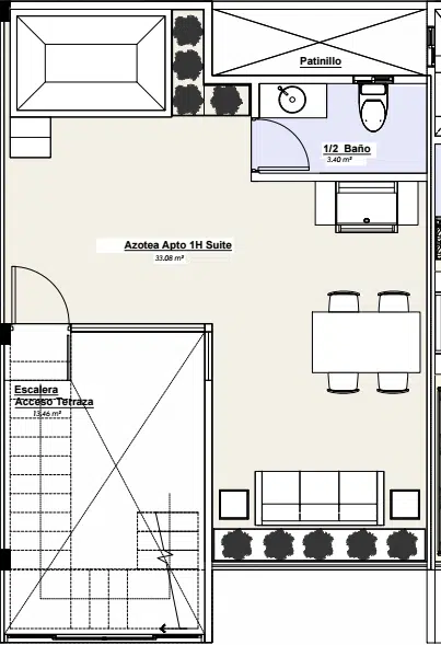 Tipo B: PH Una Habitación + Estudio (Nivel de Azotea)