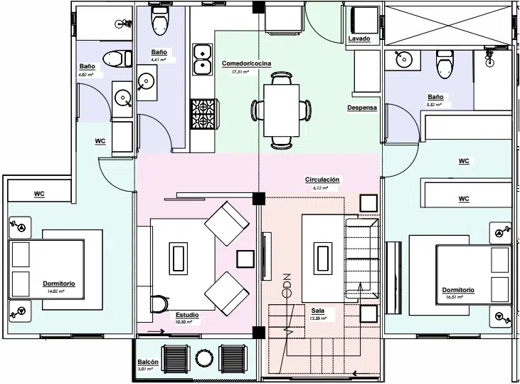 Type C: PH Dos Habitaciones + Estudio (Nivel de Entrada)